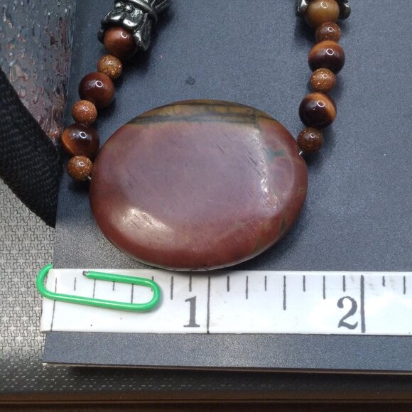 Sterling Silver 22'' Necklace with Goldstone Beads & Jasper Stone Pendant - Picture 6 of 7